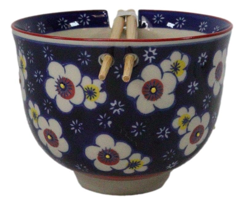 Ebros Gift Artistic Donburi Ramen Udon Noodles Soup Salad 5" D 18Oz Bowl With Bamboo Chopsticks And Built In Rest Set Asian Dining Kitchen Accent (Blue Midnight Ume Plum Blossoms) - color: Blue Midnight Ume Plum Blossoms