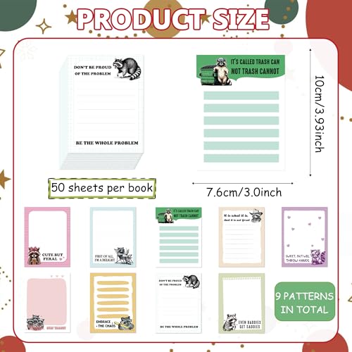 9Pcs Raccoon Sticky Notes, Funny Animals Self-Adhesive Notes, Cute Cartoon Raccoon Design Sticky Notepads for Teacher Student School Meeting Office Worker Accessories Gifts - color: Raccoon