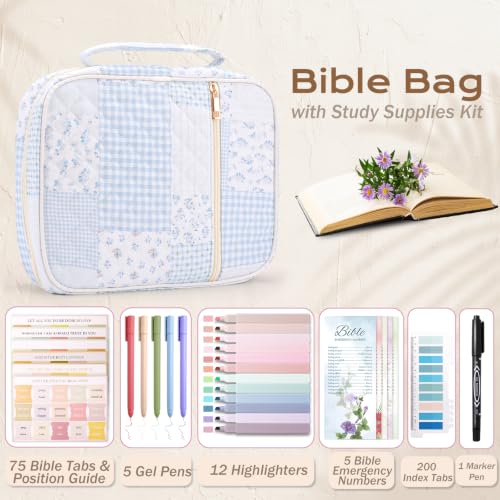 XKDOUS Bible Cover Case for Women Bible Bag Journaling Kit w/Study Supplies - color: Blue Patchwork, size: Large