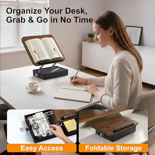 Book Stand with Storage Drawer, Heavy-Duty Adjustable Wooden Reading Stand - color: Walnut Effect, size: 10.5" x 15.5"