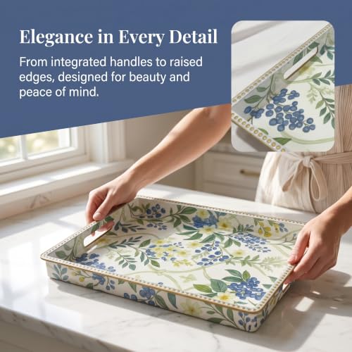 Decorative Serving Tray, Vintage Blue Berry Plastic Tray with Handles & Gold Rim, Multipurpose Storage Tray for Coffee Table, Bathroom, Kitchen & Entryway Home Decor. 15.7" x 11.8" x 1.57" - color: Blue&yellow