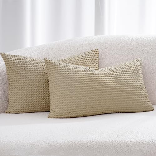 PHF Cotton Waffle Lumbar Pillow Covers 12" x 20", Khaki, No Insert - color: Khaki, size: 20" X 12" (Pack of 2)
