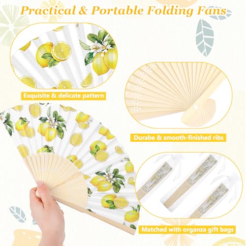 Aodaer 50 Pack Lemon Printed Folding Hand Fans with Organza Bags Bulk Wooden Storage Box Retro Mediterranean Paper Fans Capri Handheld Fan for Bridal Shower Wedding Bridesmaid Gifts - style: Lemon