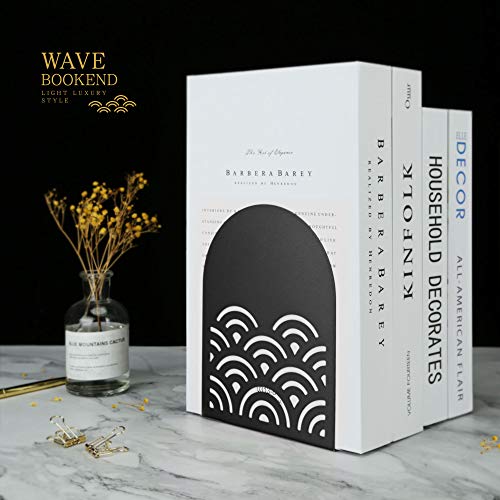 QiMing Ukiyoe Auspicious Clouds Bookends for Books,1 Pair Metal Wavy Pattern Book Holders for Office Shelves Adults Gift(Black) - color: Black
