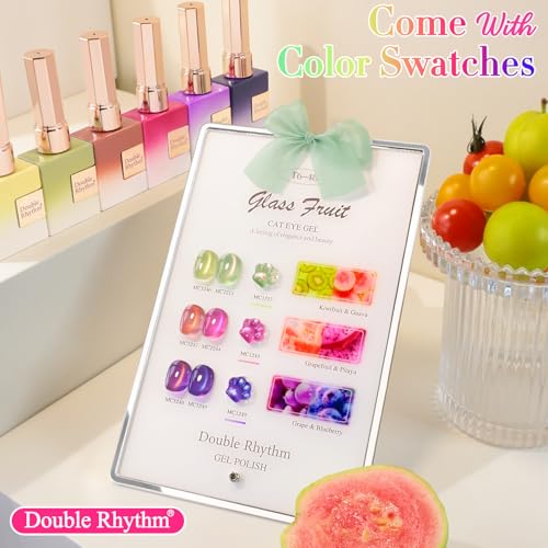 Double Rhythm Fruit Cat Eye Gel Nail Polish Set of 6 Same Color Same Bottle 0.5 Oz Shimmer Glitter with Magnet Holographic Reflective Magnetic UV Polish Kit at Home (Glass Rose Pink Green-T6-48) - color: Glass Fruit Purple Rose