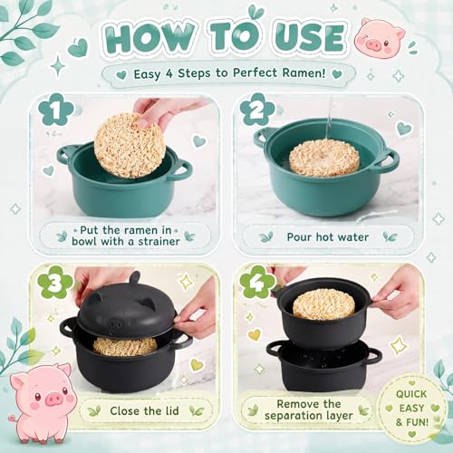 2 Sets 45oz Cute Pig Ramen Bowl Set Microwavable, Black, Dark Green - color: Black,Dark Green
