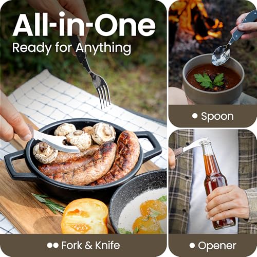 Orblue 4-in-1 Camping Utensils, 2-Pack - Portable Stainless Steel Spoon, Fork, Knife & Bottle Opener Combo Set - Travel, Backpacking Cutlery Multitool, Gray - color: 2-PACK Modern Gray