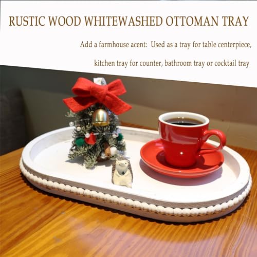 Hrastany Whitewashed Oval Wood Coffee Table Serving Tray with Beads for Ottoman - color: Oval Whitewashed, size: 15" x 9" x 1.2"