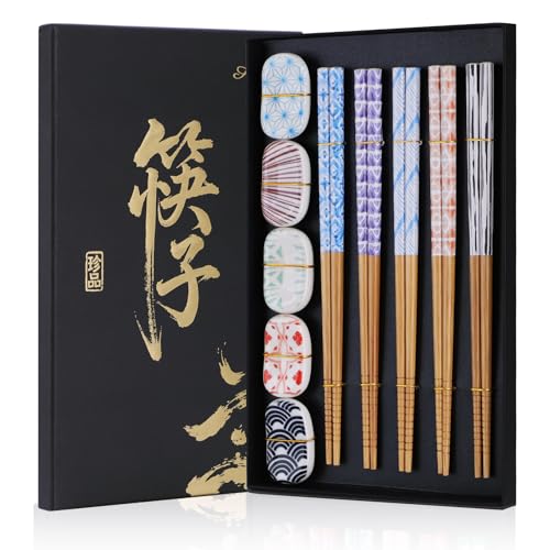 Antner 5 Pairs Reusable Bamboo Chopsticks and 5PCS Ceramic Rests Set, 8.8 Inch Classic Japanese Style Chopsticks with Holders for Sushi Ramen Asian Cuisine, Non-Slip, Black Elegant Gift Box - color: Modern Geometric Pattern Chopsticks Set
