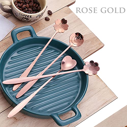 9 Pcs Flower Spoon Coffee Teaspoon, ESRISE Stainless Steel Tea Spoon (Rose Gold) - color: Rose Gold