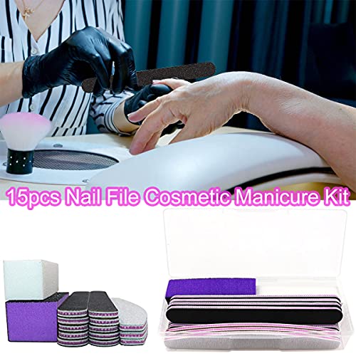 15PCS Nail Files and Buffer with Storage Box,Professional Manicure Pedicure Kit White Buffer Block Reusable 100/180 Grit Nail Files Emery Board Black for Nature Acrylic Nails Home Salon Travel Use