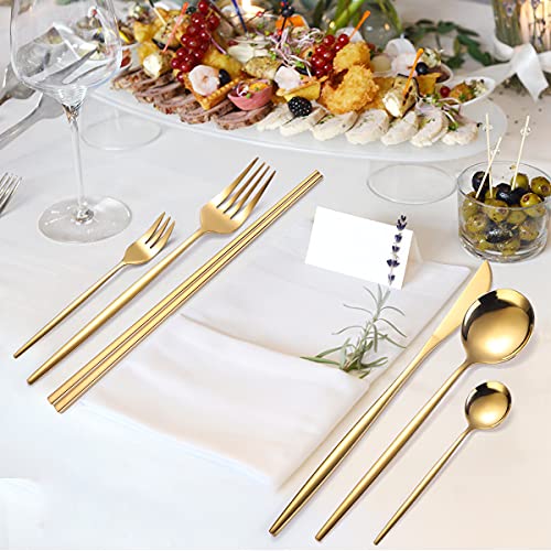 AARAINBOW 8 Pieces Stainless Steel Flatware Set Portable Reusable Cutlery Set Travel Utensils Set Including Chopsticks Knife Fork Spoon Straws Cleaning Brush Dishwasher Safe (Golden) - color: Golden