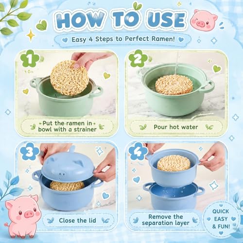 2 Sets 45oz Cute Pig Ramen Bowl Set Microwavable Nordic Blue, Green - color: Nordic Blue,Nordic Green