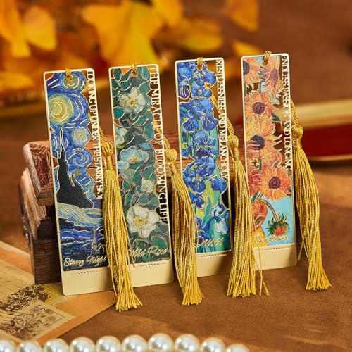 4 PCS Metal Bookmarks with Tassels,Vintage Van Gogh Bookmark,Gift Box Package, Book Lover Gifts for Women Adults Teens Teacher - style: Oil-Painting with Box