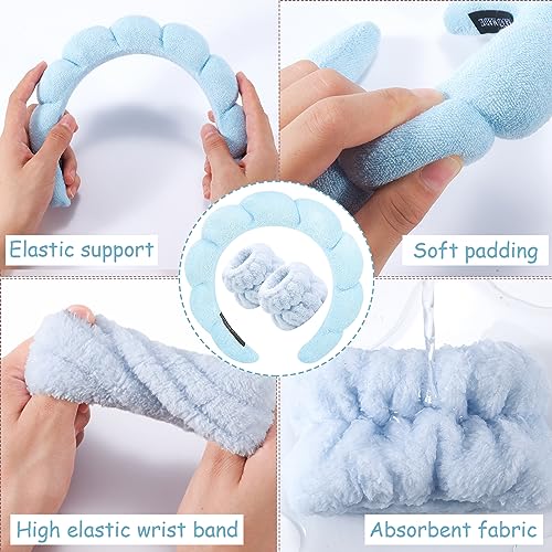Zkptops Spa Headband for Washing Face Wristband Set Sponge Makeup Skincare Headband Terry Cloth Bubble Soft Get Ready Hairband for Women Girl Puffy Padded Headwear Non Slip Thick Hair Accessory(Blue) - color: Blue