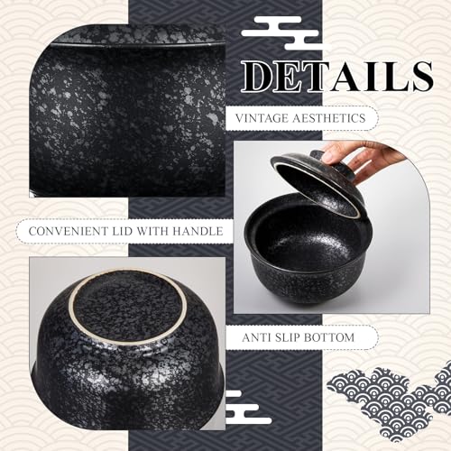 SiliFine Ramen Bowl Set of 2 Ceramic Ramen Bowl with Lid 25oz Microwave Clay Pot Traditional Japanese Tableware Korean Clay Pot for Christmas Soup Salad Meal Rice Home Office(Black,Calssic) - color: Black, style: Calssic