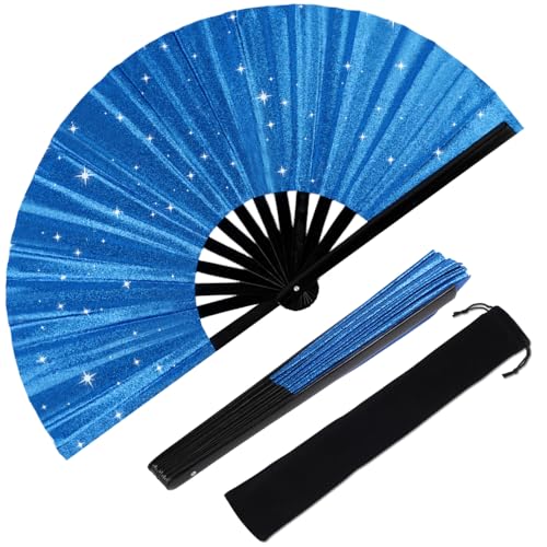 Large Folding Hand Rave Fan for Men/Women, Popping Fan for Line Dancing, Decorative Folding Hand Fan for Boots On The Ground, Festival, Gift, Home Decorations(Blue) - color: Blue