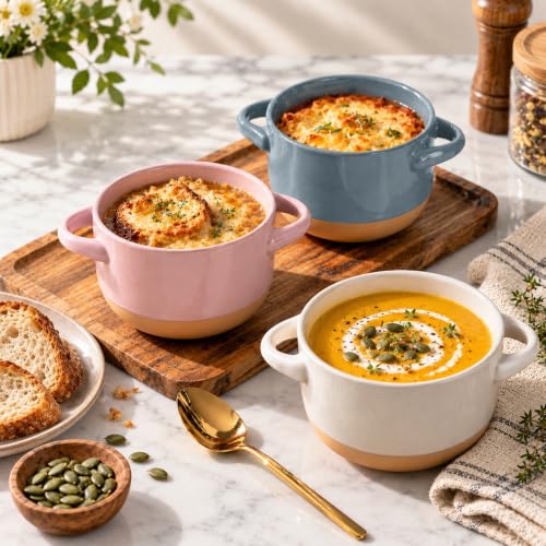 AmorArc 24 oz Soup Bowls with Lids, Ceramic Soup Containers with Handle - color: Beige&Gray, size: Set of 2