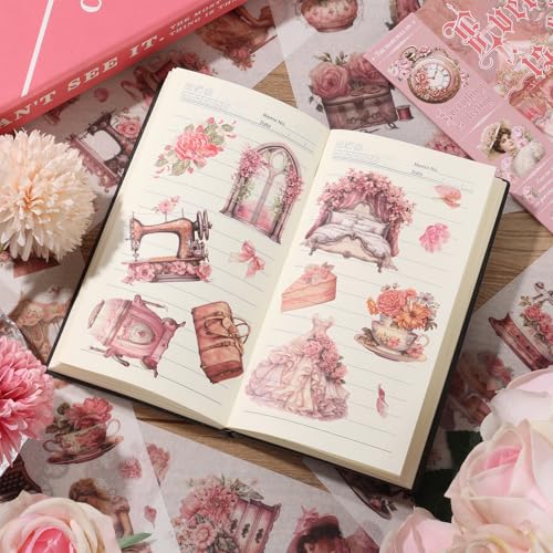 Vintage Ephemera Sticker 24 Sheets precut 300 washi Stickers Paper People Journal Stickers for Adults Junk journaling Sticker Book Scrapbooking Supplies - color: Pink
