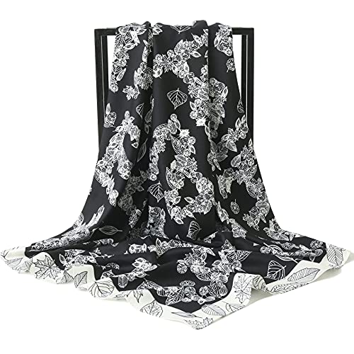 ANDANTINO 100% Mulberry Silk Scarf -Women 35" Square Hair Wraps-Gift Packed - color: Black Leaves