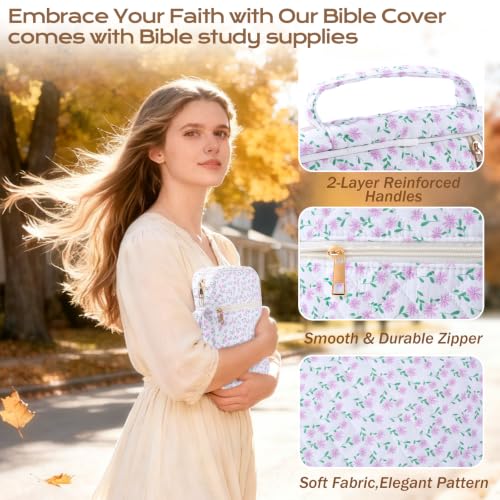 XKDOUS Bible Cover for Women Bible Bag Kit Church Book Holder Carrying Case - color: Lilac