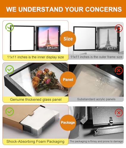 11x11 Black Deep Shadow Box Picture Frame with HD Clear Glass - color: Black, size: 11x11