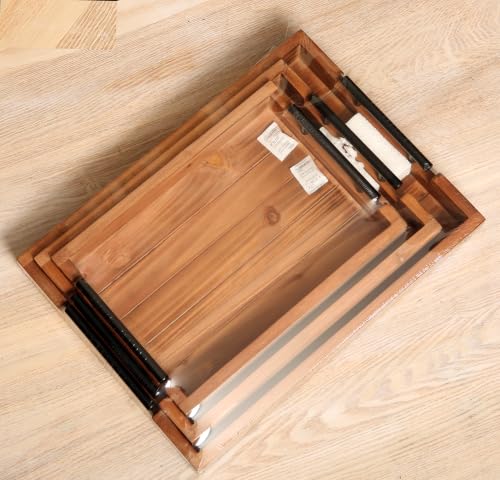 3Pcs Nested Vintage Wood Serving Tray Set, Coffee Table Ottoman Decor Trays - color: Brown, size: 3Pc