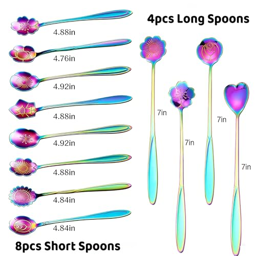 12 Pcs Flower Coffee Tea Spoons Set with Storage Bag, 4 Long & 8 Short Stainless Steel Teaspoons for Sugar Dessert Ice Cream Stirring, Cute Fancy Tableware for Tea Party Kitchen Cafe Bar(Multicolor) - style: Multicolor