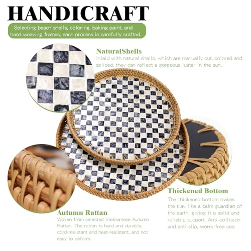 2 Pcs 11.8in & 13.8in Round Rattan Mother of Pearl Inlay Serving Tray