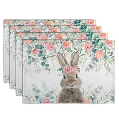 Easter Bunny Placemats Set of 4 Eucalyptus Leaves Rabbit Rose Place Mats 12x18 Inch Spring Seasonal Vintage Farmhouse Heat Resistant Washable Table Mats for Party Kitchen Dining - color: Easter Leaves