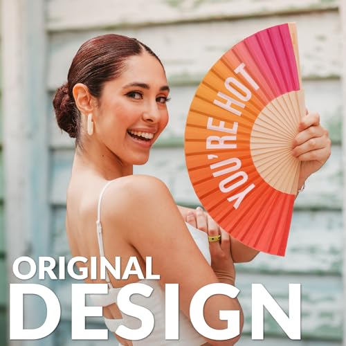 Fisura – Original Folding Fan with Message “You are h*t, Wooden Hand Fan Folding for Women, Gradient Pink Design with Hanger for Wedding, Rave, Festival - Size: 42.5 x 23 cm - color: Hot, Gradient