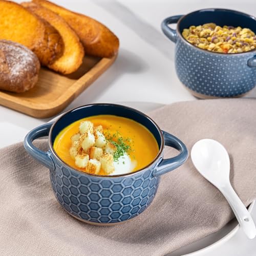 GBhome 22 Ounces Soup Bowls with Large Handles and Lids, Stoneware Bowls Set of 4 with Spoon for Soup, Cereal, Stew, Colourful Ceramic Kitchen Bowls, Microwave&Dishwasher Safe, Moonlight Blue - color: Moonlight Blue