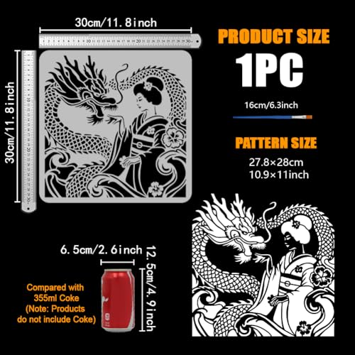FINGERINSPIRE Japanese Geisha Painting Stencil with Brush 11.8x11.8inch Plastic PET Wave Dragon Drawing Template Decorative Hollowed Oriental Theme Stencil for Painting on Wood Canvas Fabric Clothes - style: Japanese Geisha