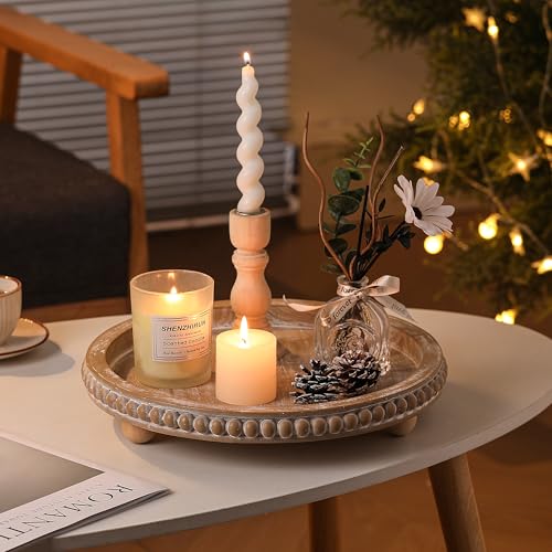 Beige Round Wooden Tray for Decor, Decorative Coffee Table Tray - color: Beige