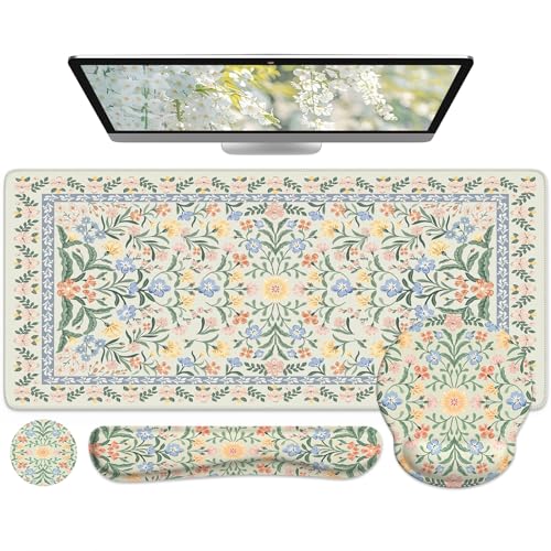 iCasso Green Desk Pad Mat, Large Mouse Pad and Keyboard Wrist Rest Set - color: Green Floral
