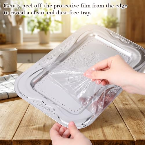 6 Packs Silver Serving Trays, 13.8" x 8.7" Bow Floral Engraved Mirror Decorative Tray, Stainless Steel Trinket Tray, Retro Vintage Embossing Rectangle Reusable Party Platters, for Tea Coffee Fruit Des