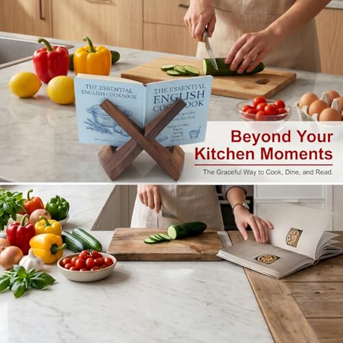 Wooden Cookbook Stand, Recipe Book Holder for Kitchen