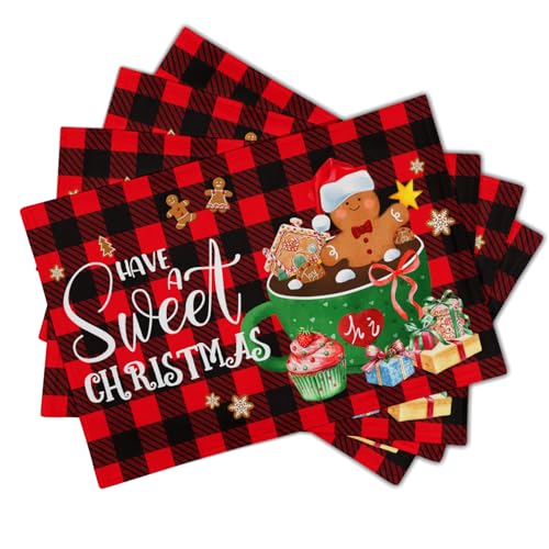 Giwawa Gingerbread Placemats Set of 4, Have A Sweet Christmas Red Black Buffalo Plaids Place Mat, Winter Hot Cocoa Cookie Table Mats 12"x18" for Kitchen Dining Holiday Party Decor - color: Gingerbread