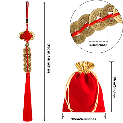 Boao 4 Pcs Chinese New Year Lucky Coins Charms Chinese Knot Feng Shui Tassel Hanging Pendant Decorations for New Year Home Health Wealth Success Lucky Decor with Storage Bags