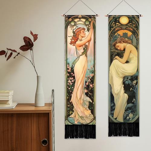 PLIGREAT 2 Pack Mucha Style Vertical Tapestry, Aesthetic Wall Hanging - color: beige,green