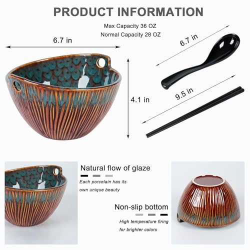 Ceramic Ramen Bowl with Chopsticks,6.7 Inch Noodle Bowls,Pho Bowls and Spoons Set,Japanese Bowl for Pho,Udon,Soba,Noodle,Microwave Safe,Set of 2(Peacock Green) - color: Peacock Green