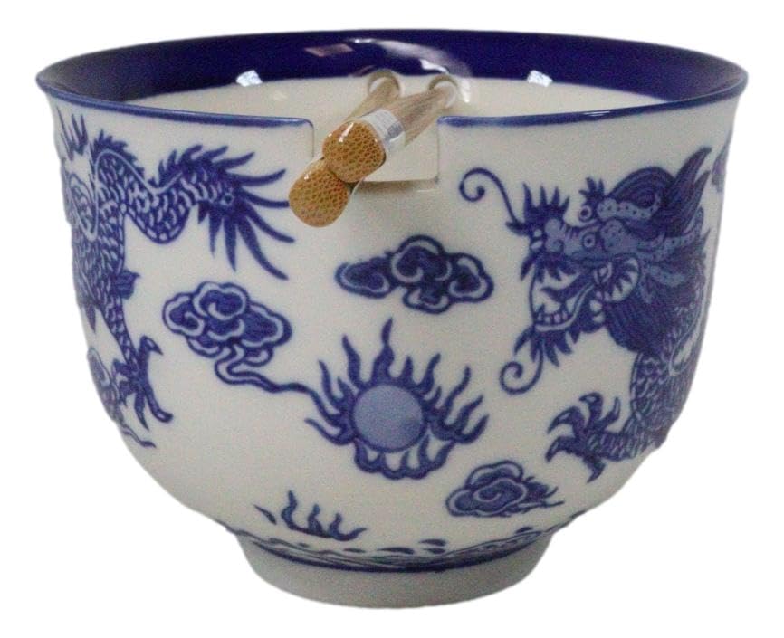 Ebros Gift Artistic Donburi Ramen Udon Noodles Soup Salad 5" D 18Oz Bowl With Bamboo Chopsticks And Built In Rest Set Asian Dining Kitchen Accent (Blue And White Oriental Ryu Dragon King) - color: Blue And White Oriental Ryu Dragon King