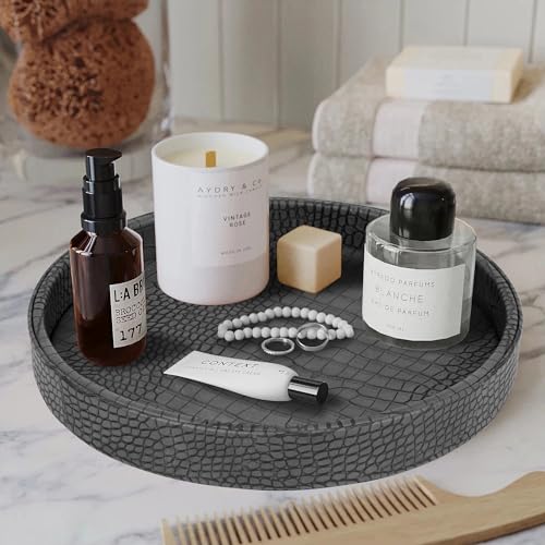 HofferRuffer Faux Leather Round Serving Tray, Vegan Croco Leather Decorative Tray, Food Tray for Storage Drinks, Snack & Cosmetics, Dia.12'' x 1.6'' (Dark Grey) - color: Dark Grey, size: 12"