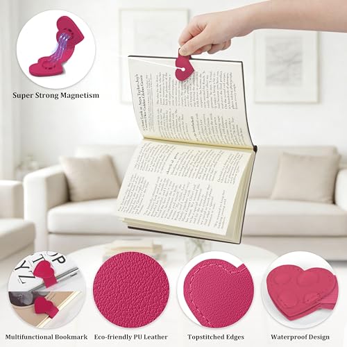 2Pcs Magnetic Leather Bookmarks with Pen Holder Gift Box, Heart-Shaped Magnetic Book Marks for Book Lover Readers Cute Leather Bookmark for Women Girls (Rose Red) - color: Rose Red