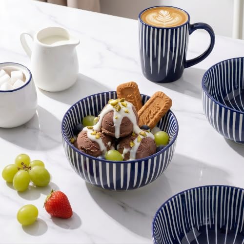 Ceramic Soup Bowls, 28 Ounces Striped Ceramic Cereal Bowls Set of 6 - color: Blue Radial Striped