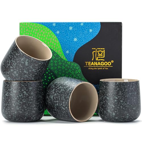 TEANAGOO Japanese Tea Cups Set of 4pcs, 6.9oz/205ml Elegant Ceramic Matcha Cups with Flat Base, Charcoal Black Handleless Coffee Mugs, Microwave & Dishwasher Safe, Beautiful Gift Box - color: Charcoal Black, size: 7.2 fl oz (4-Count)