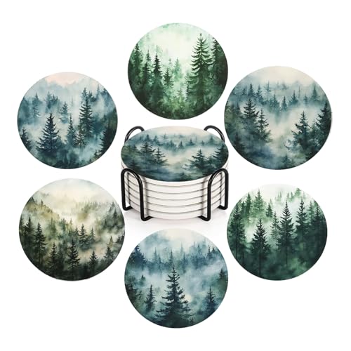 Nikyi 6 Pcs Green Forest Ceramic Absorbent Coasters, Round Drink Coaster with Metal Holder & Cork Base, Watercolor Misty Forest Coasters for Coffee Table Kitchen Bedroom Living Office Home Decor Gifts - color: Green Forest