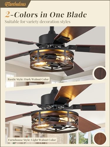 Fanbulous 48" Farmhouse Ceiling Fan with Light & Remote, 2-Light Caged - color: Black and Walnut, size: 48 Inch