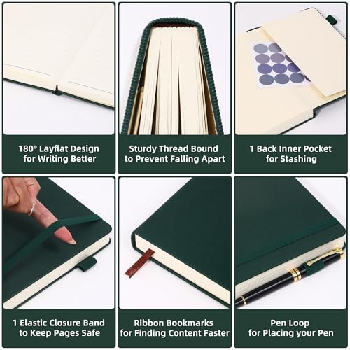 BOBO RABBIT Lined Journal Notebook for Work 100 GSM Thick Paper 300 Pages College Ruled A5 Notebook Hardcover Leather Journal for Writing School Office, 5.63"x8.43" - color: A-Green