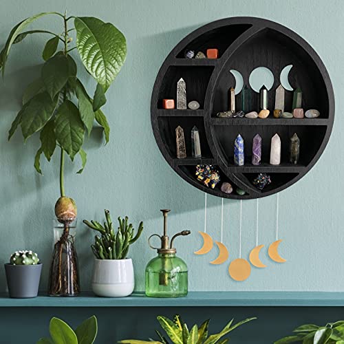 Wooden Crescent Moon Shelf for Crystals - Witchy Wall Shelf, Gothic Decor - color: Full Black